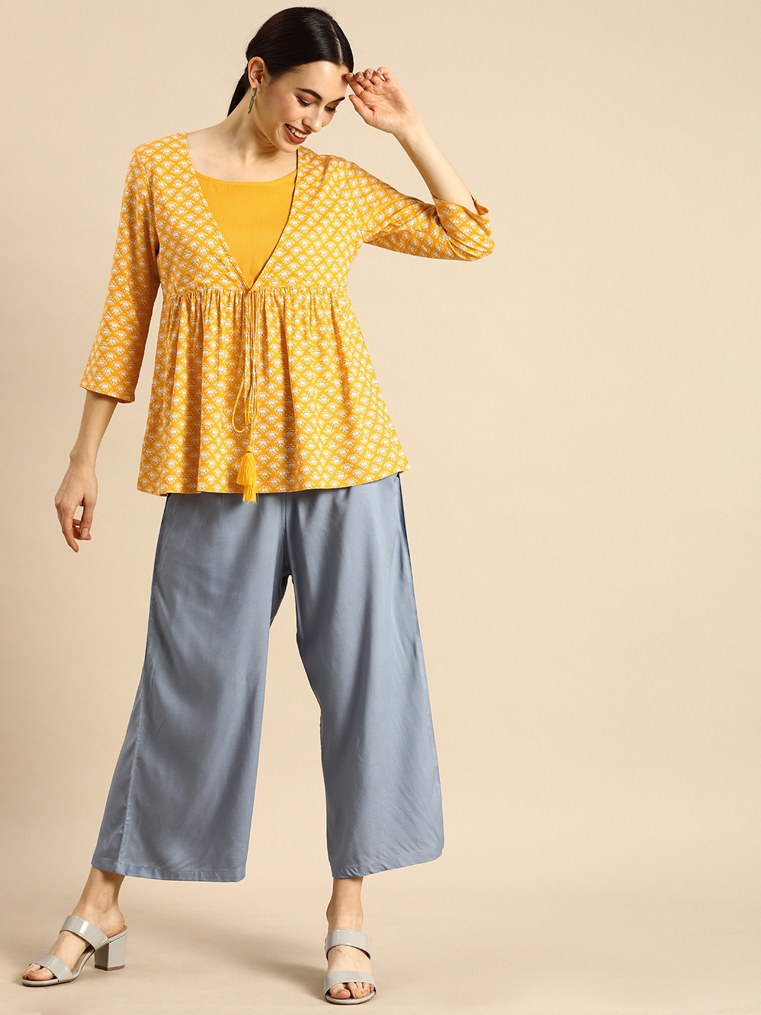 

Anouk Women Mustard Yellow & Blue Printed Top with Palazzos