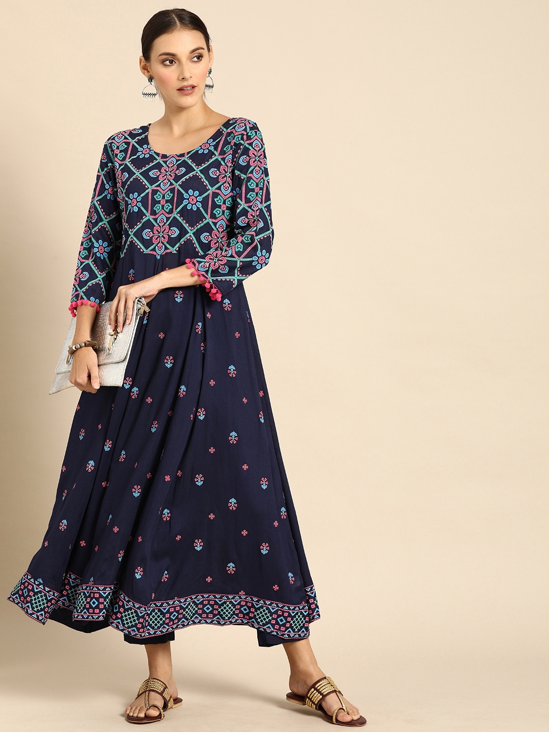 

Anouk Women Navy Blue & Pink Printed Kurta with Trousers