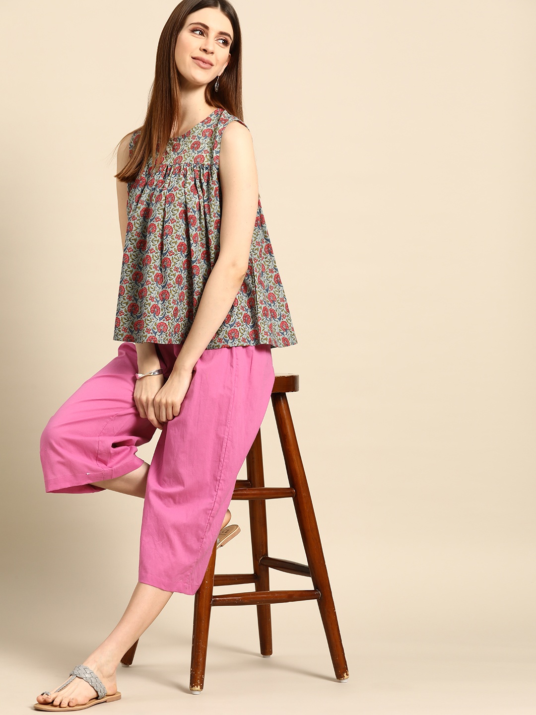

Anouk Women Taupe & Pink Printed Top with Trousers
