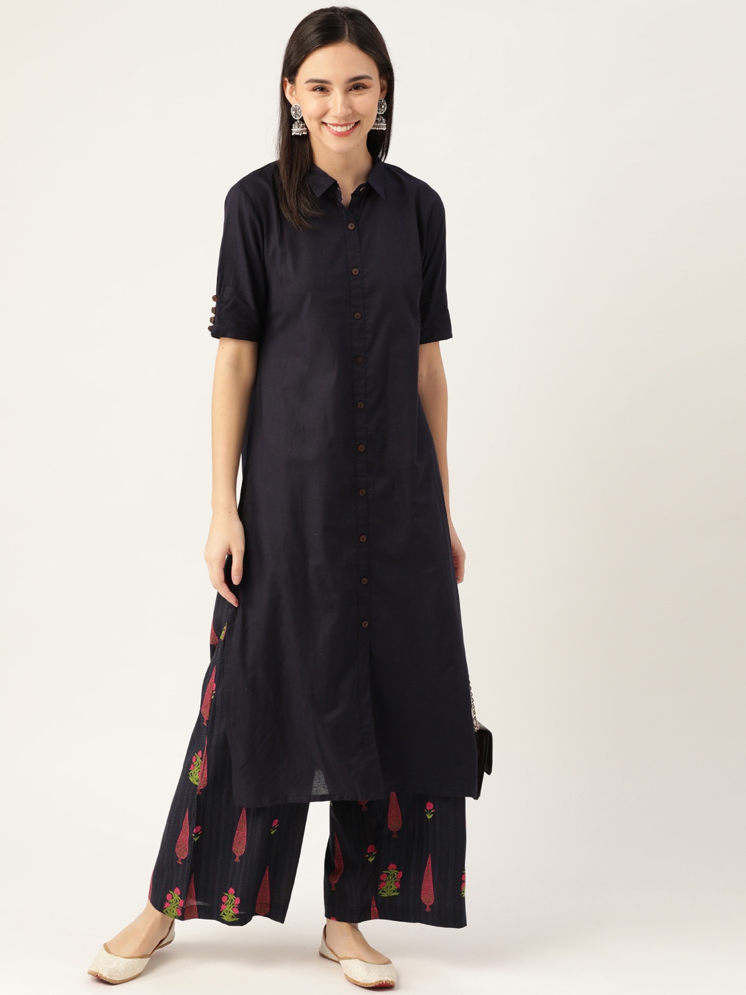 

Anouk Women Navy Blue Solid Pure Cotton Kurta with Palazzos