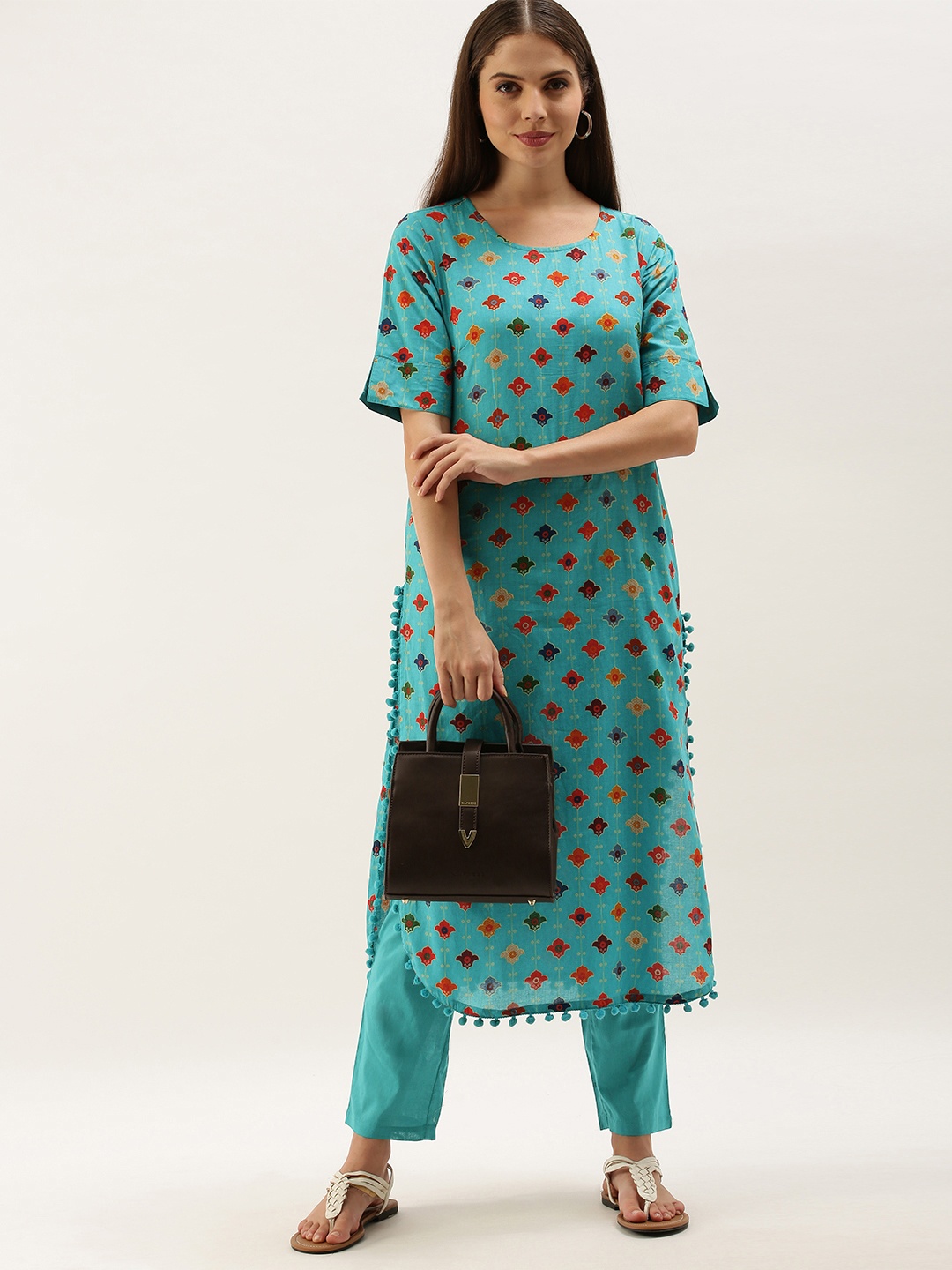 

Anouk Women Sea Green Printed Pure Cotton Kurta with Trousers