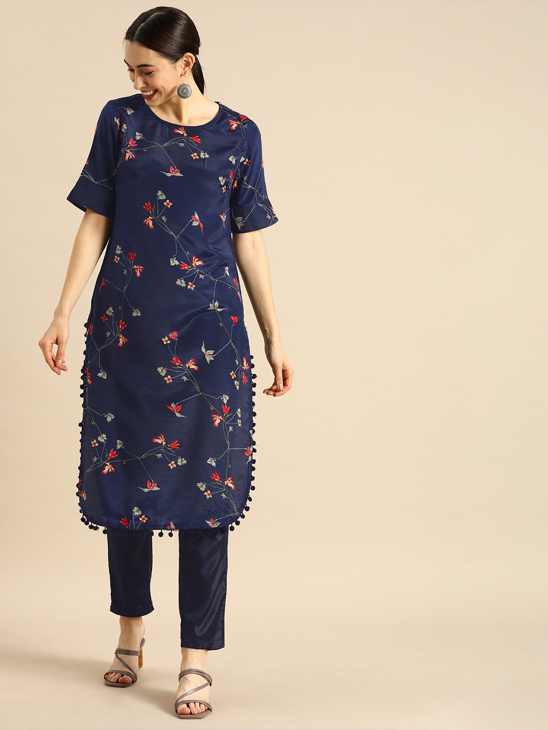 

Anouk Women Navy Blue & Red Printed Kurta with Trousers