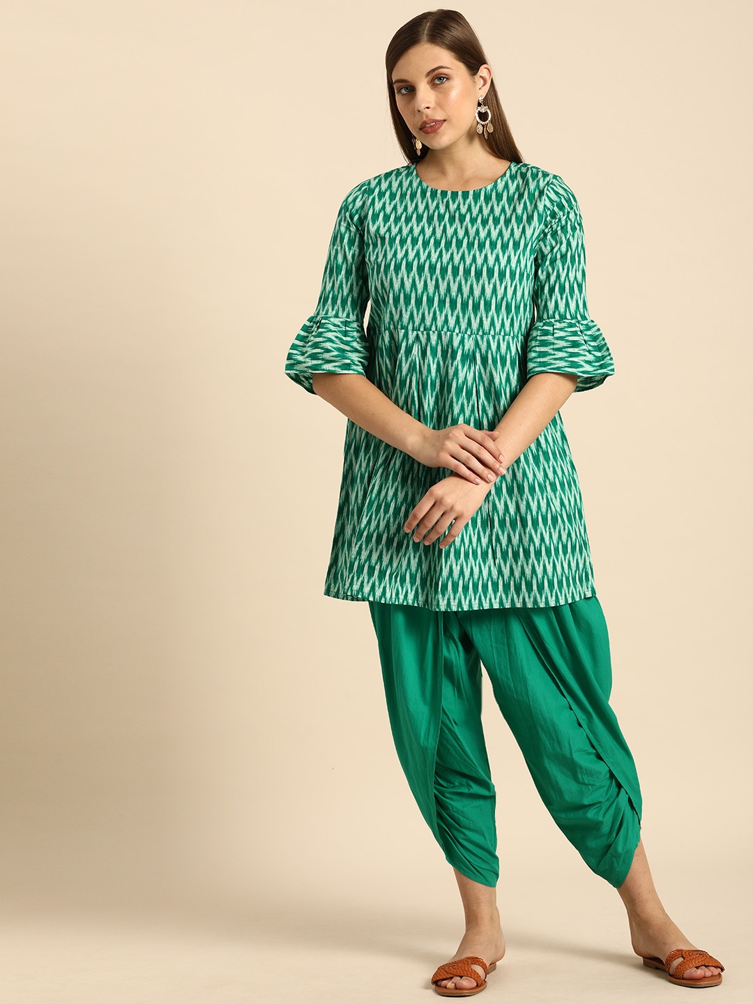 

Anouk Women Green & White Printed Kurta with Dhoti Pants