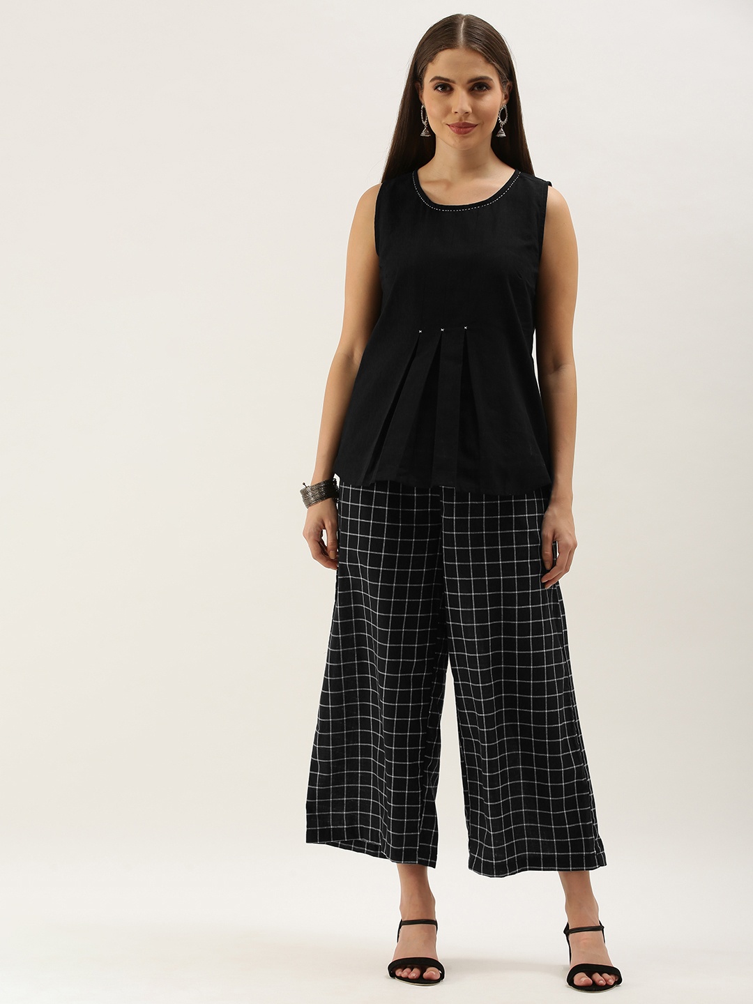 

Anouk Women Black Pleated A-Line Pure Cotton Top & Palazzos