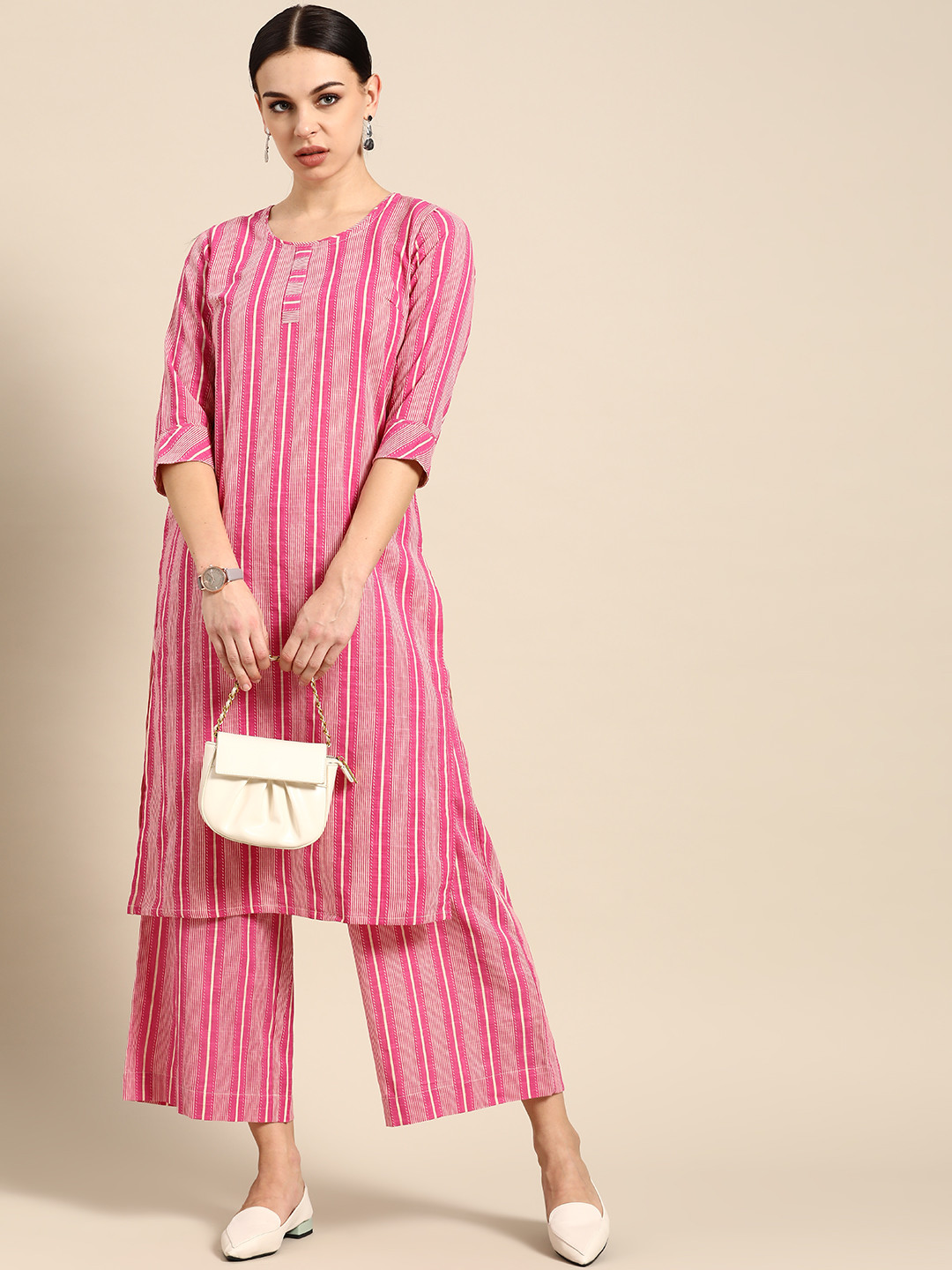

Anouk Women Pink & Off-White Striped Pure Cotton Kurta with Palazzos