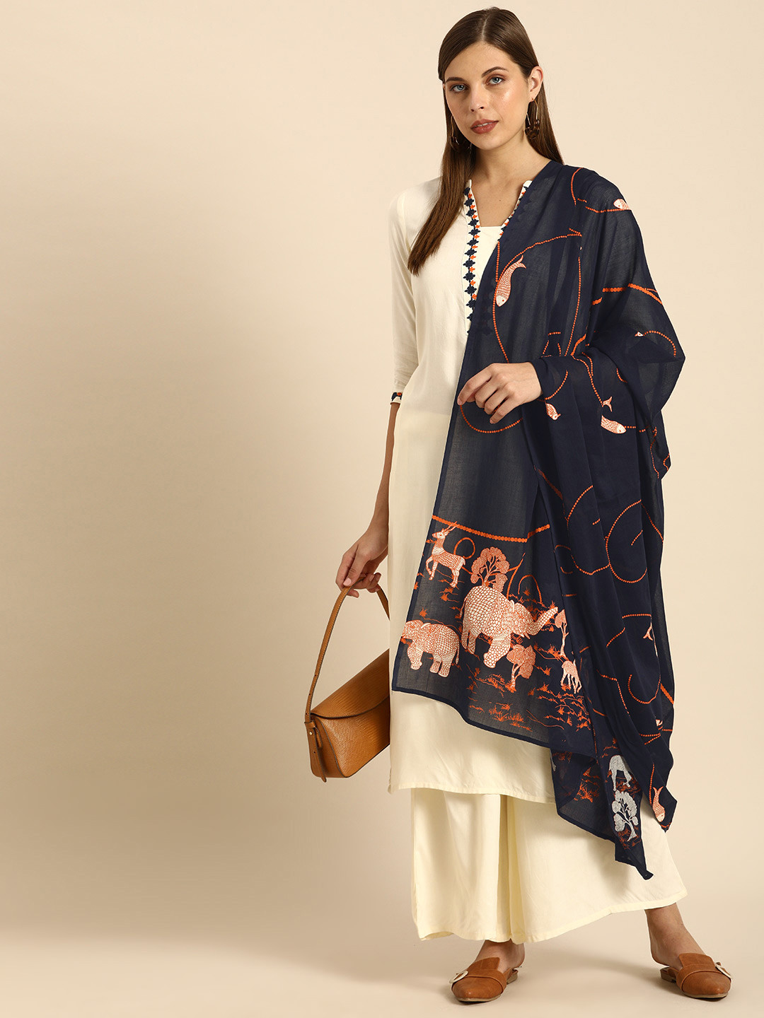 

Anouk Women Cream-Coloured Solid Kurta with Palazzos & Dupatta
