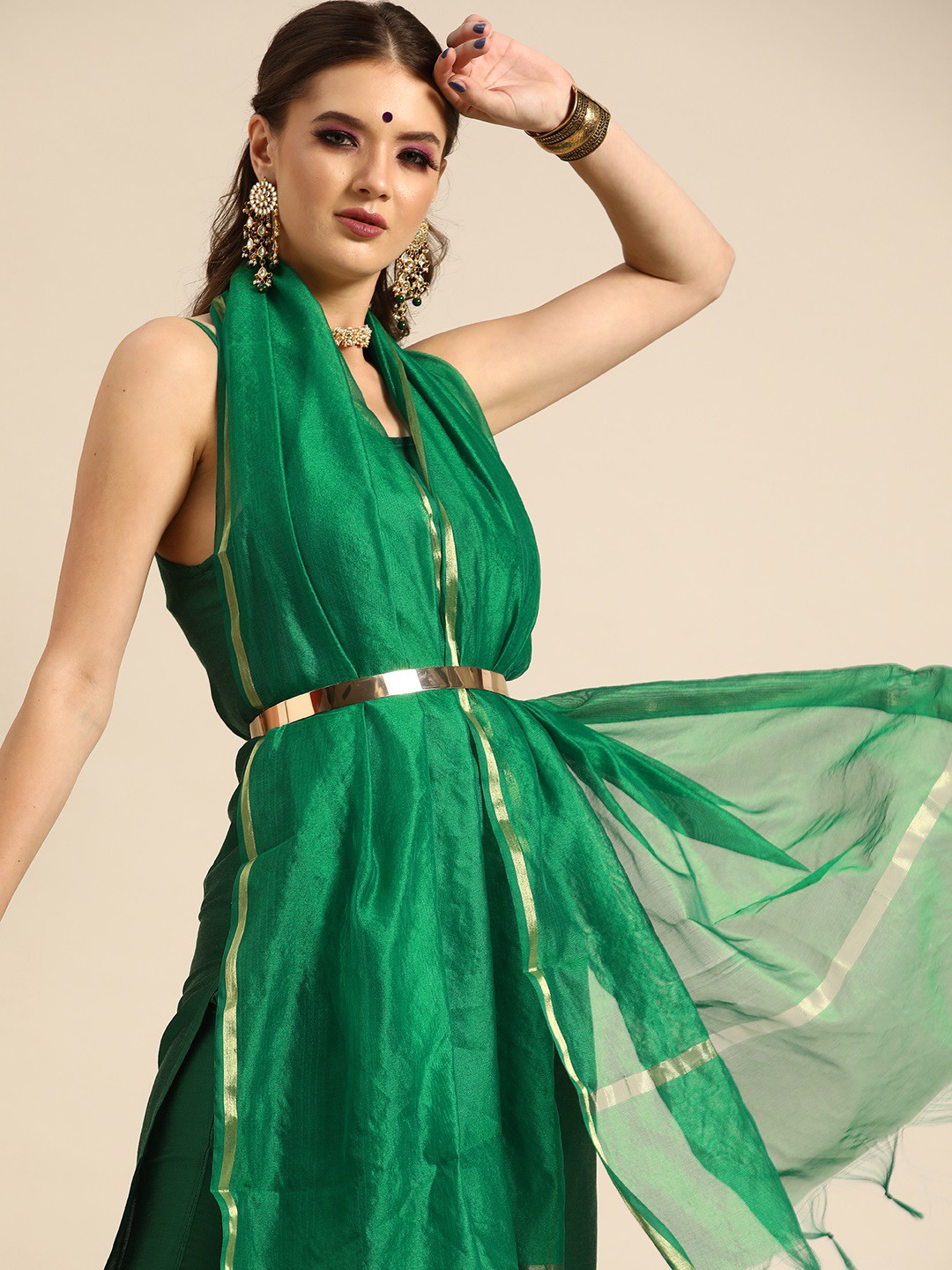 

Anouk Women Green Solid Kurta with Trousers & Dupatta
