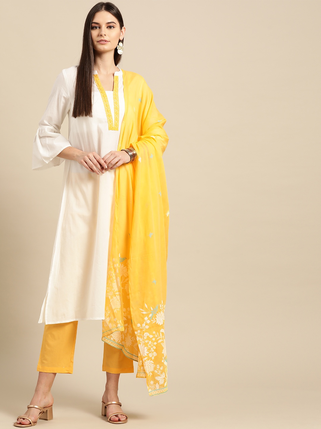 

Anouk Women White & Yellow Yoke Design Pure Cotton Kurta with Trousers & Dupatta