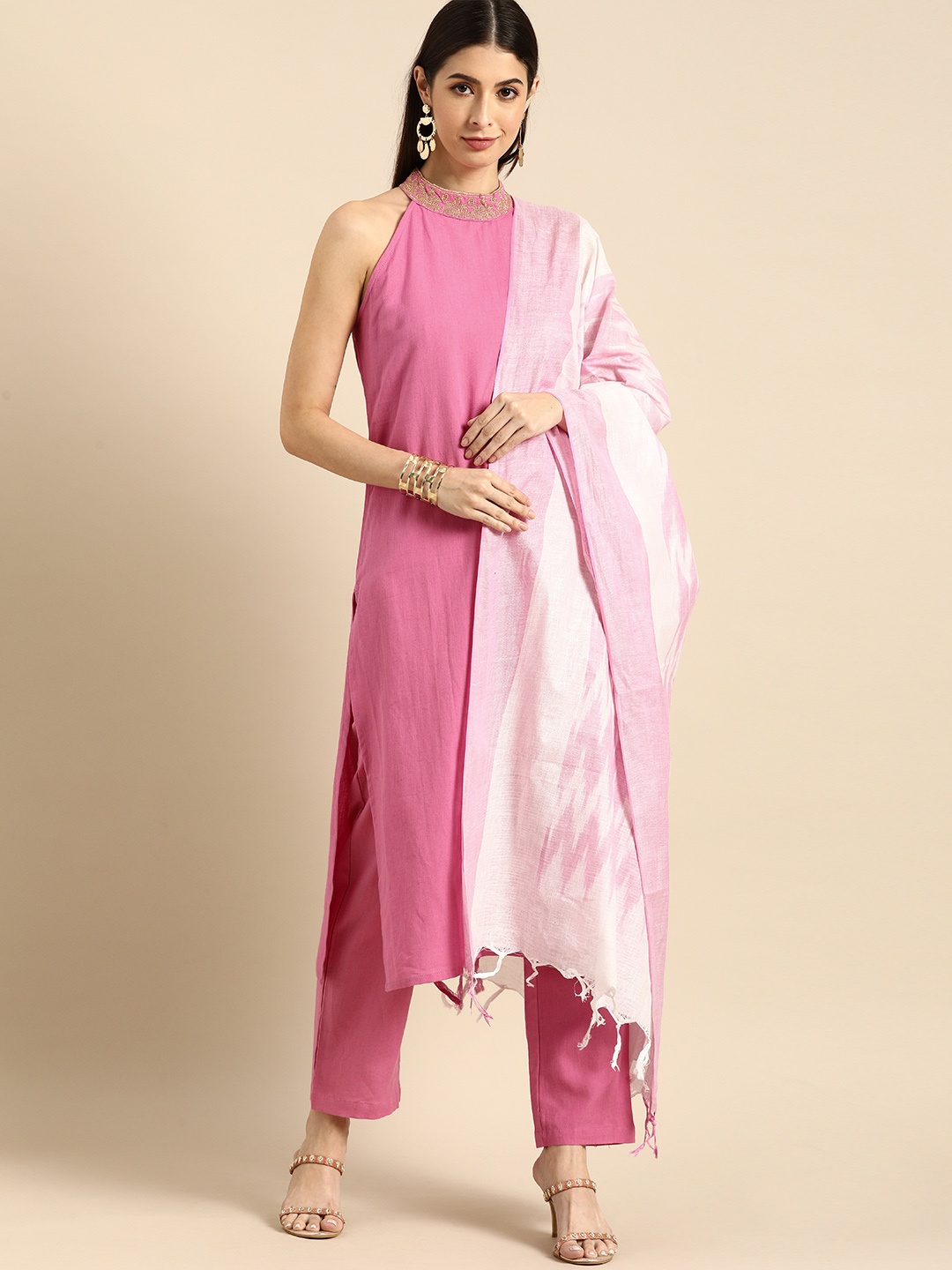 

Anouk Women Pink Regular Thread Work Kurta with Trousers & With Dupatta