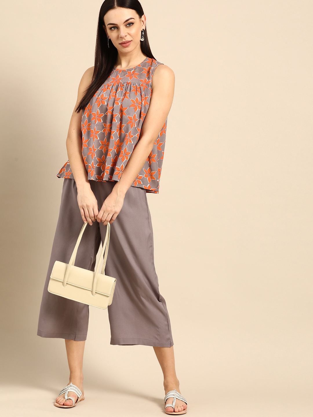 

Anouk Women Grey & Orange Printed Top with Palazzos