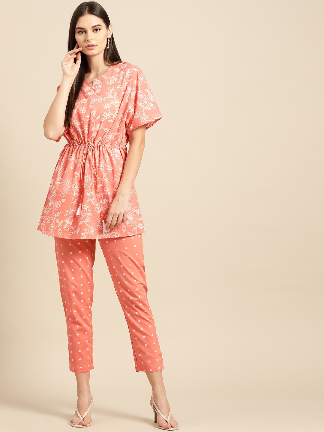 

Anouk Women Coral Orange & White Ethnic Motifs Print Pure Cotton Kurti with Trousers