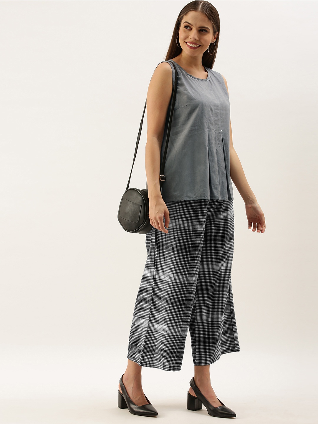

Anouk Women Grey & Black Pleated A-Line Pure Cotton Top & Palazzos