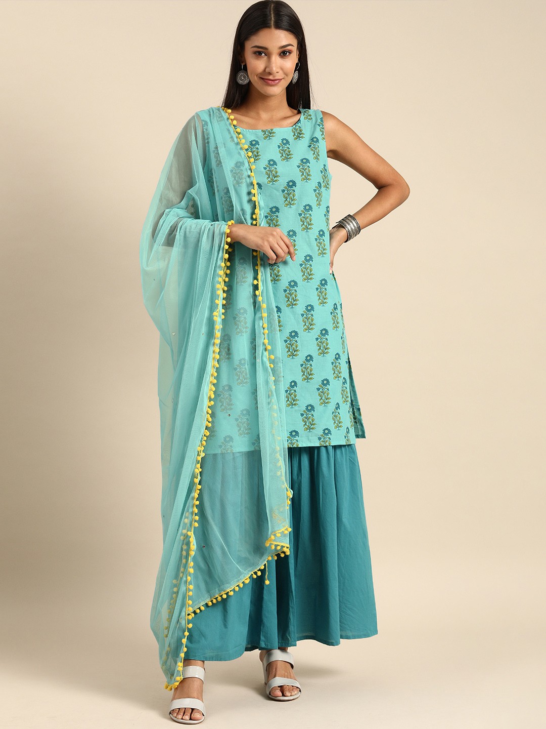 

Anouk Women Turquoise Blue & Green Printed Kurta with Palazzos & Dupatta