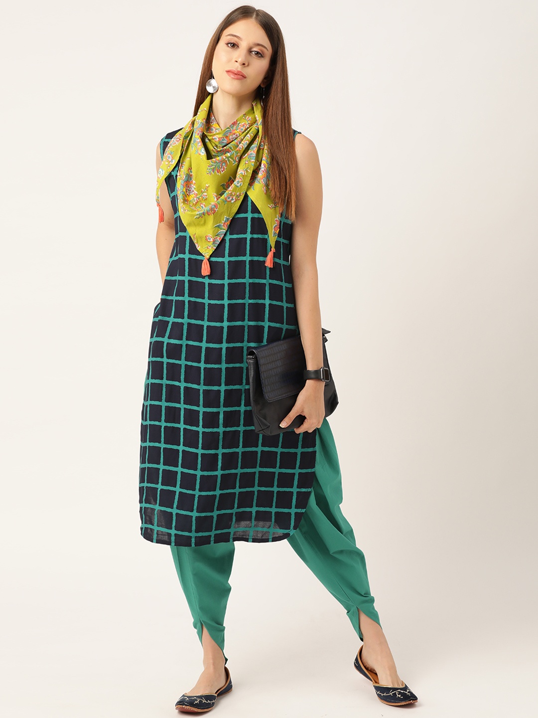 

Anouk Women Navy Blue & Green Checked Kurta with Dhoti Pants And Scarf