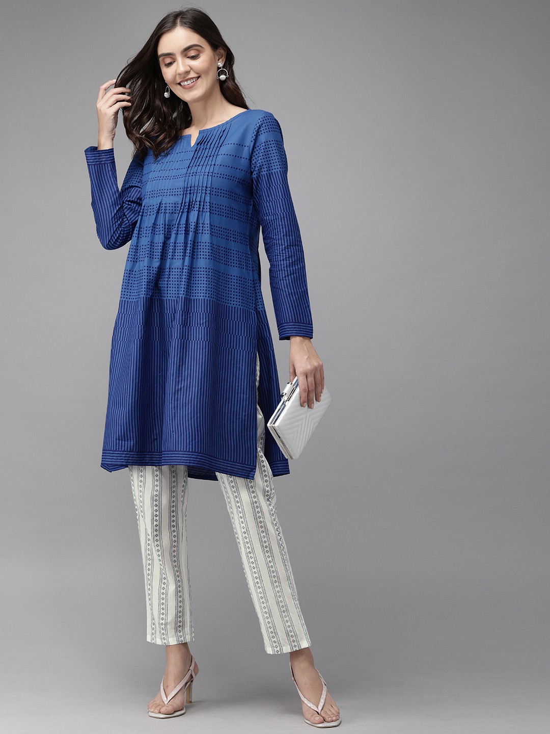 

Anouk Women Blue Printed Pleated Pure Cotton Kurta with Trousers