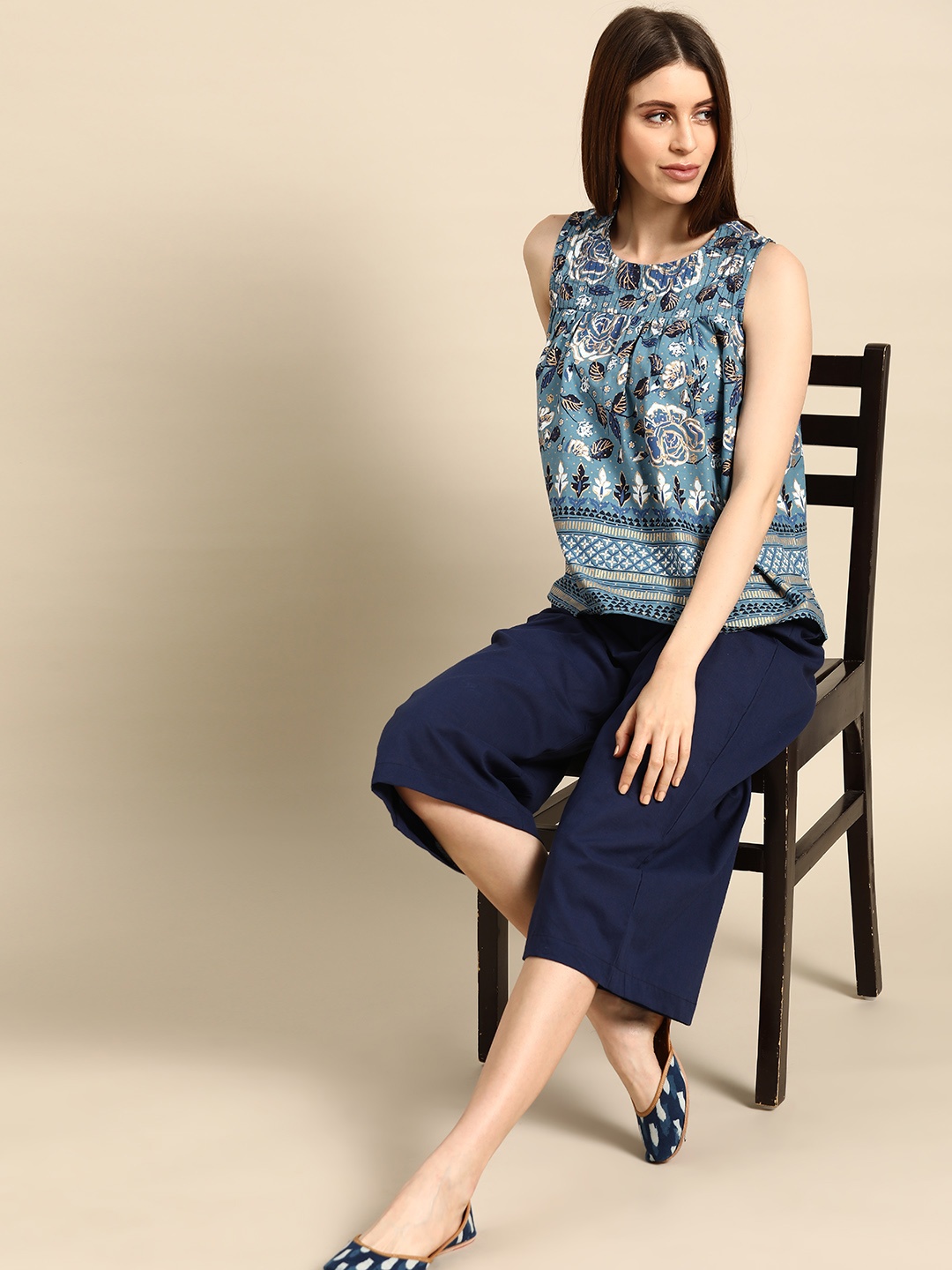 

Anouk Women Blue & Golden Ethnic Motifs Print Pure Cotton Top with Solid Culottes