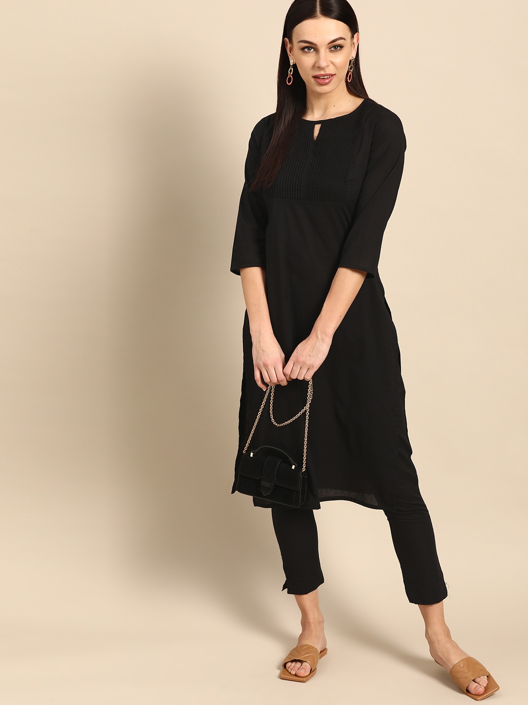 

Anouk Women Black Solid Pure Cotton Kurta with Trousers