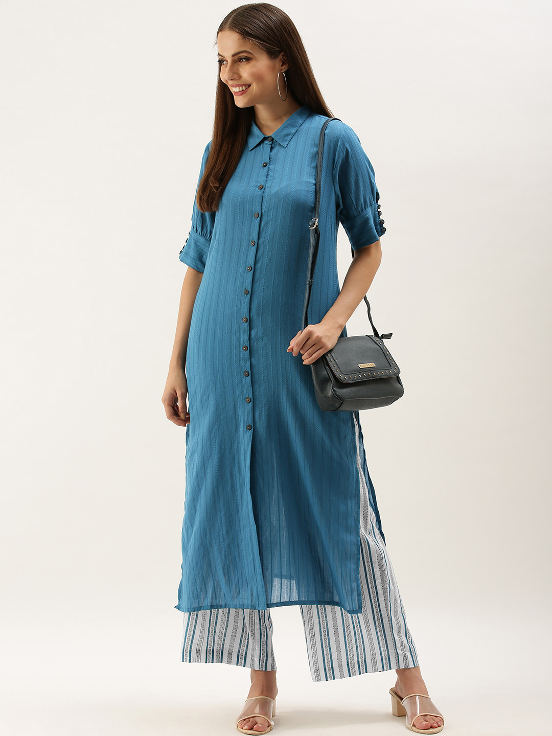 

Anouk Women Blue Striped Pure Cotton Kurta with Palazzos