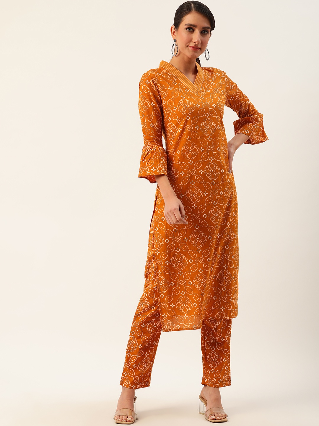 

Anouk Women Mustard Yellow & White Cotton Bandhani Print Kurta with Trousers