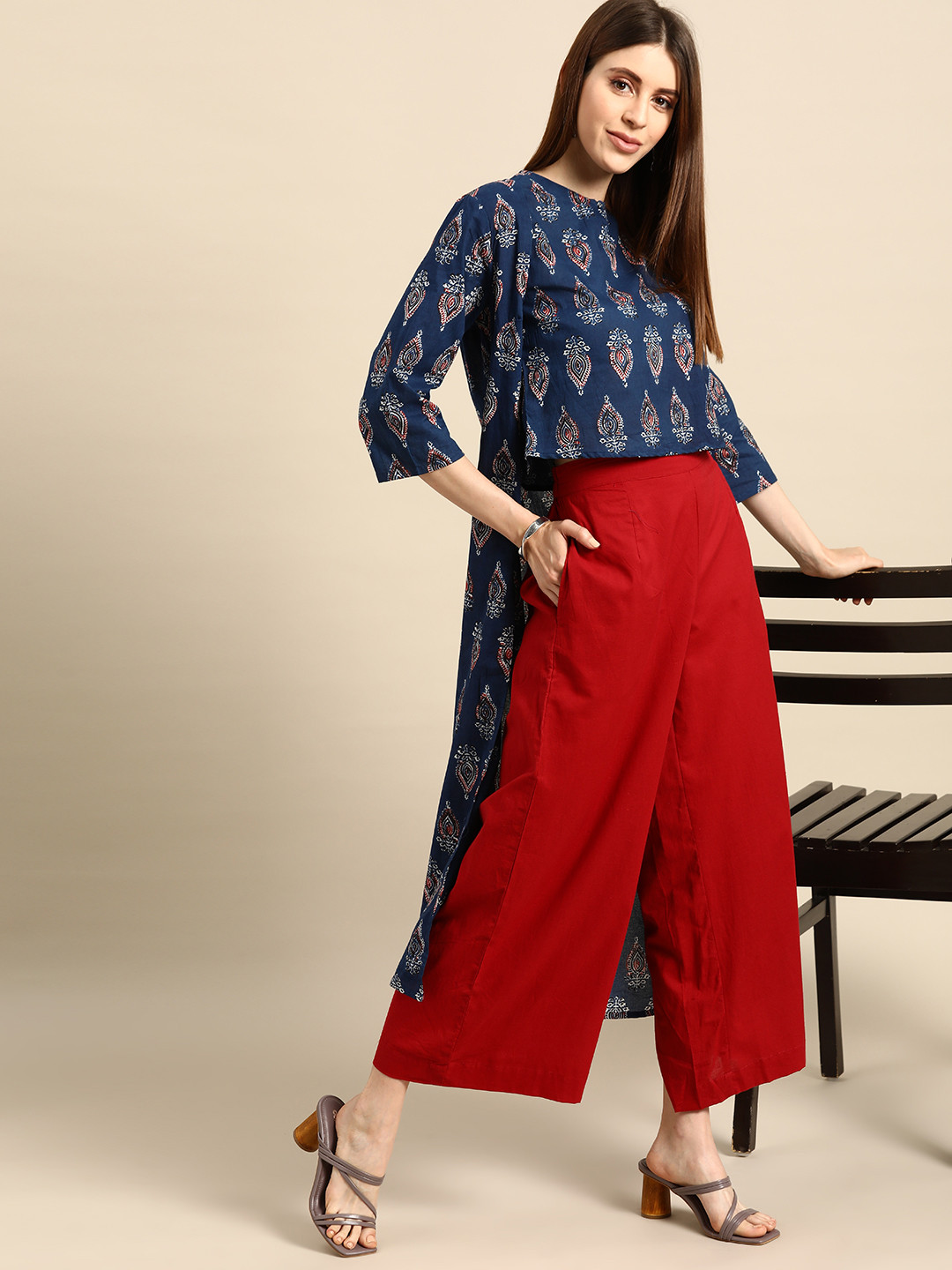 

Anouk Women Navy Blue & Red Ethnic Motifs Printed Pure Cotton Top with Palazzos & Jacket