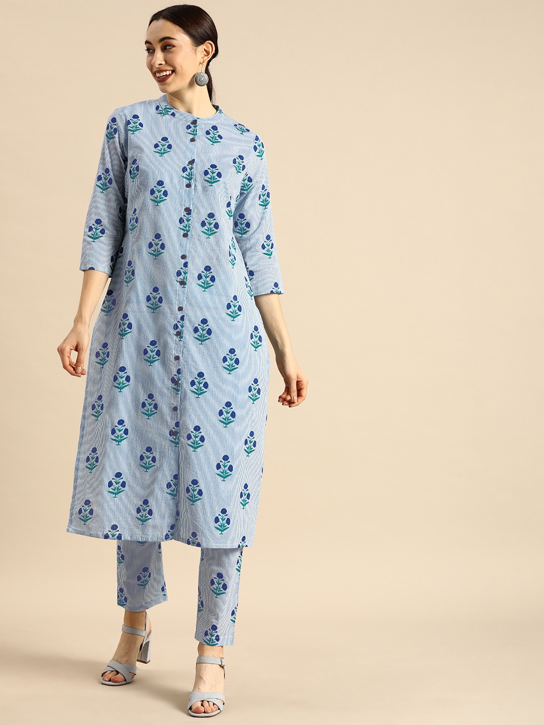 

Anouk Women Blue & White Printed Kurta with Trousers