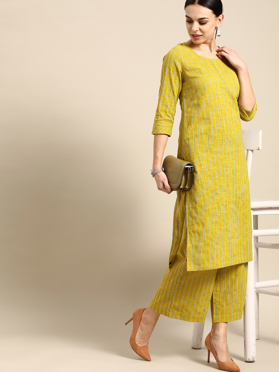 

Anouk Women Mustard Yellow & Blue Striped Pure Cotton Kurta with Palazzos