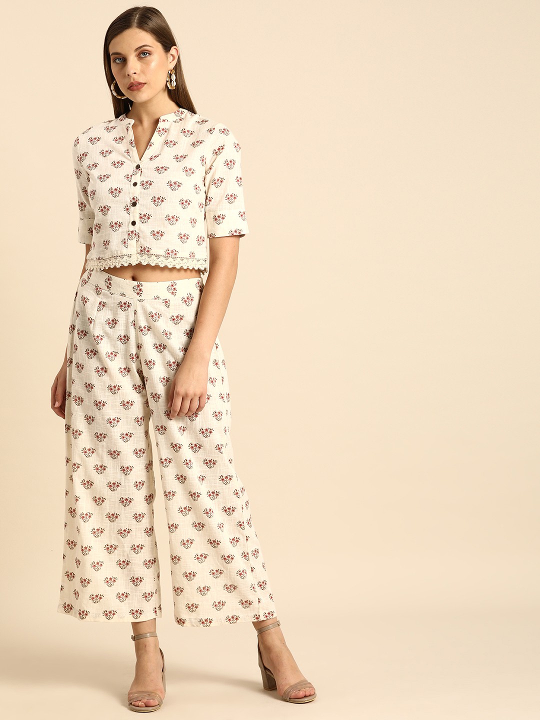

Anouk Women Off-White & Pink Printed Fusion Top with Palazzos