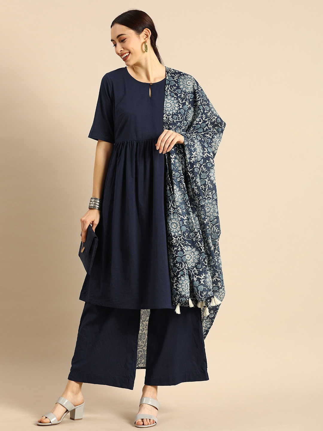 

Anouk Women Navy Blue Solid Kurta with Palazzos & Dupatta