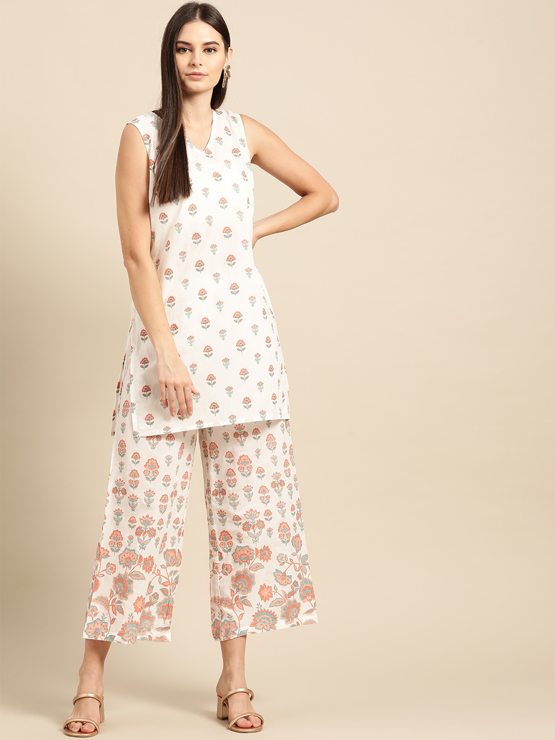 

Anouk Women White & Red Printed Pure Cotton Kurti with Palazzos