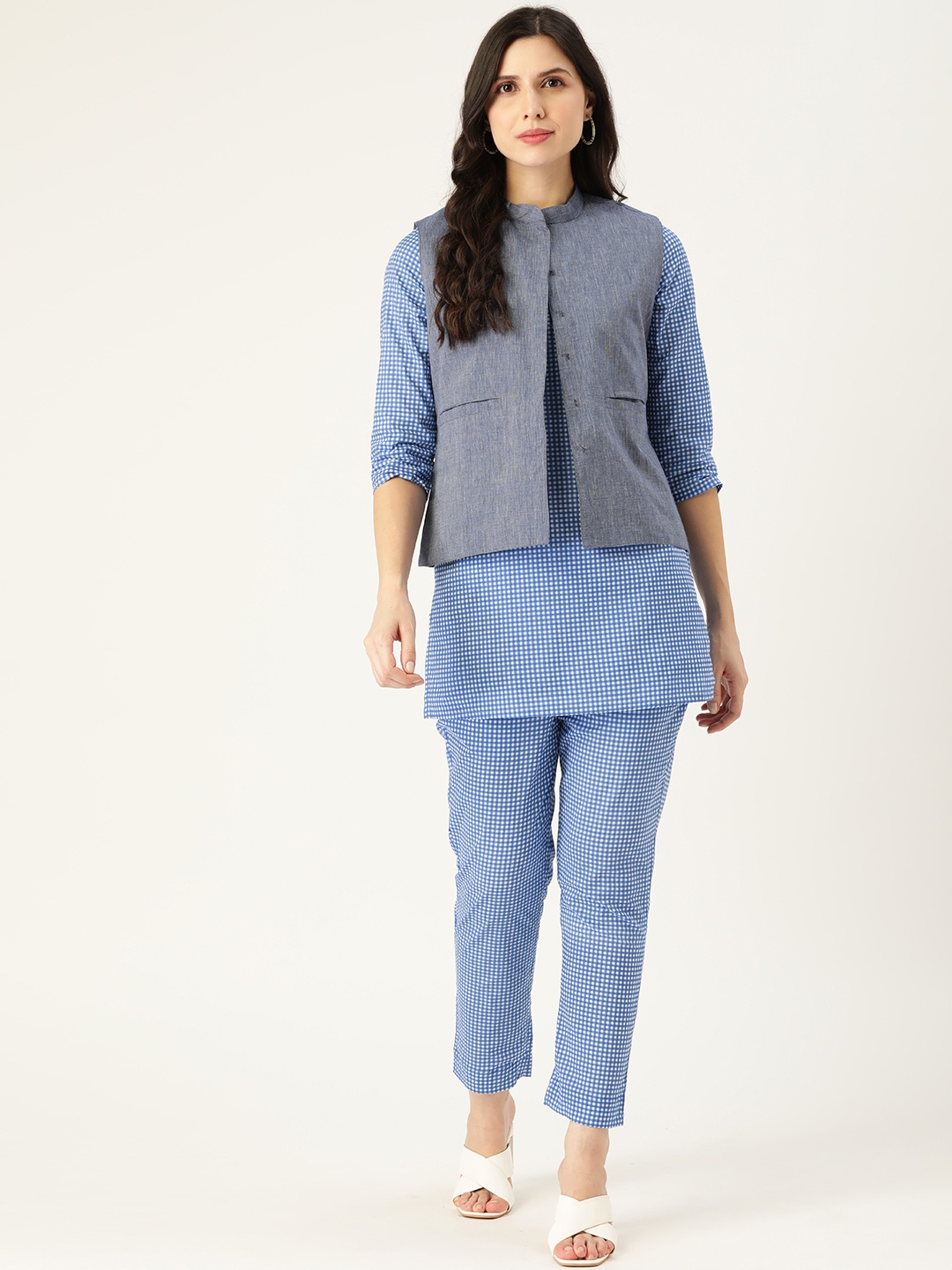 

Anouk Women Blue & White Checked Pure Cotton Kurta with Trousers & Nehru Jacket