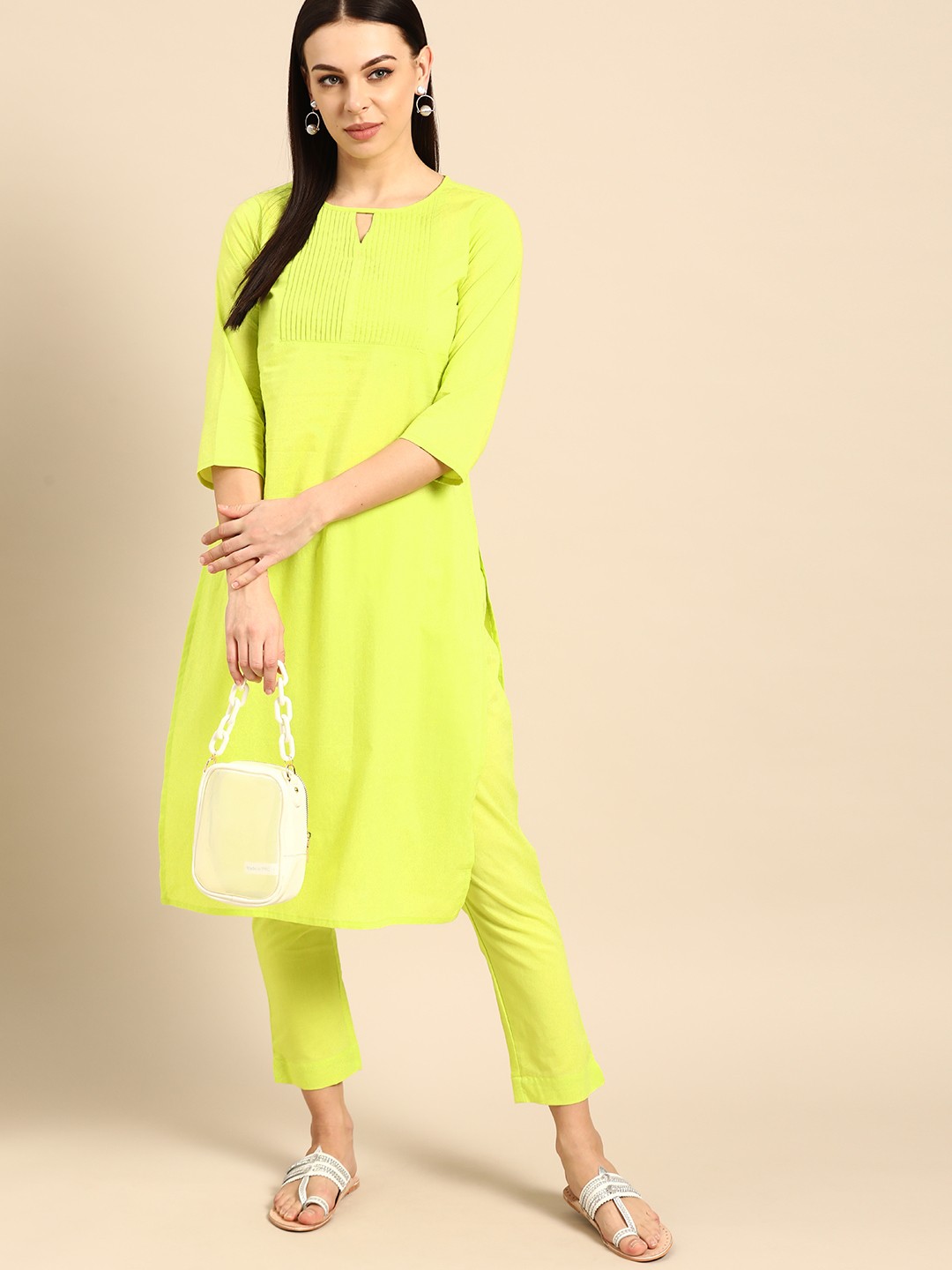 

Anouk Women Fluorescent Green Solid Pure Cotton Kurta with Trousers