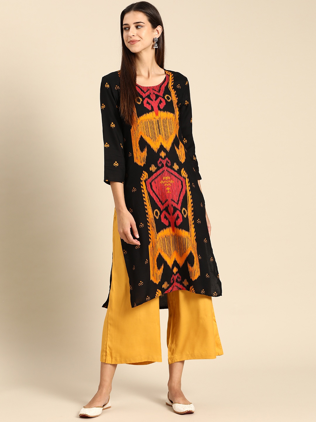 

Anouk Women Black & Mustard Yellow Ethnic Motifs Printed Kurta with Palazzos