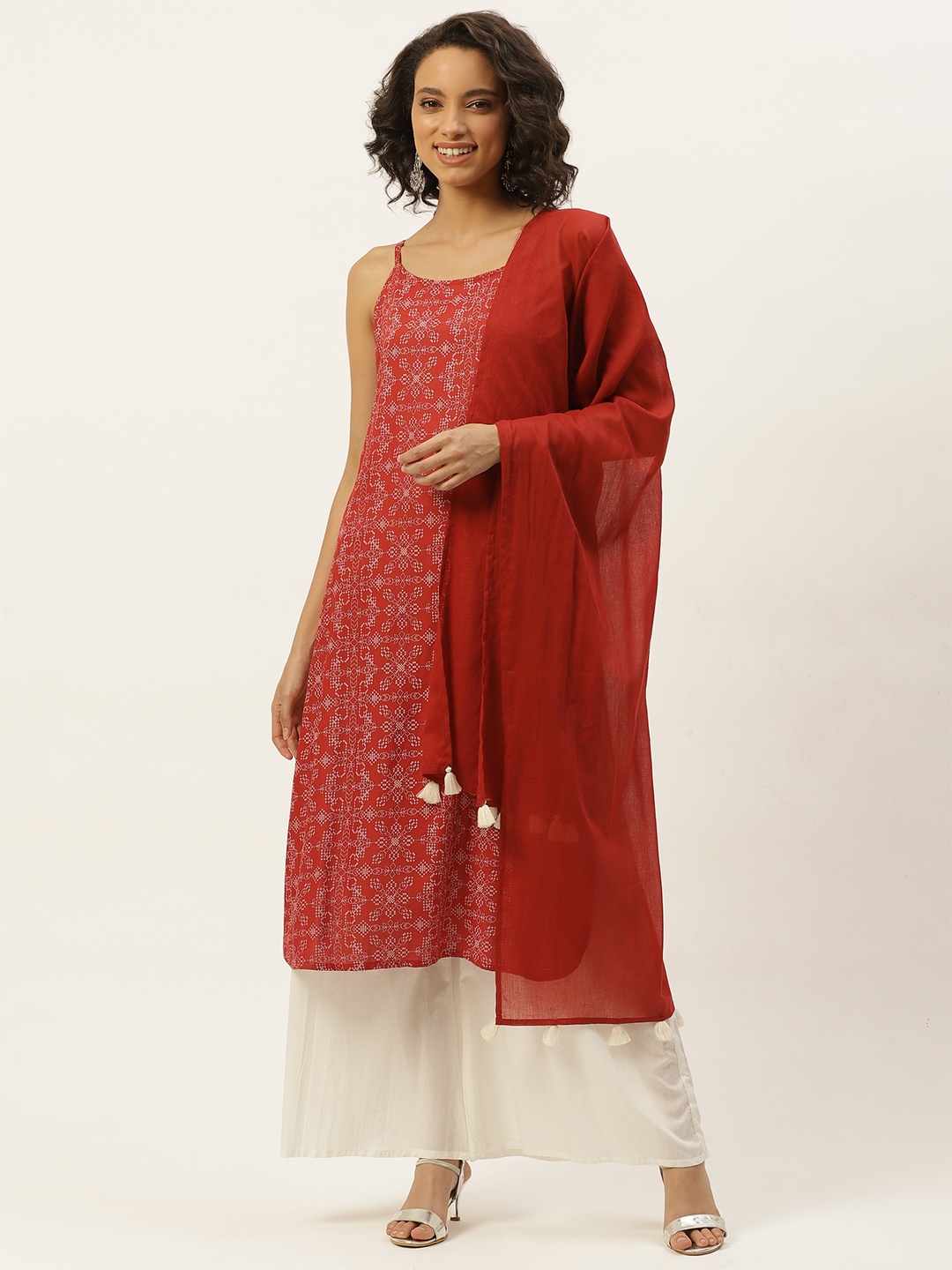

Anouk Women Rust Red & Off-White Sustainable EcoVero Printed Kurta with Palazzos & Dupatta