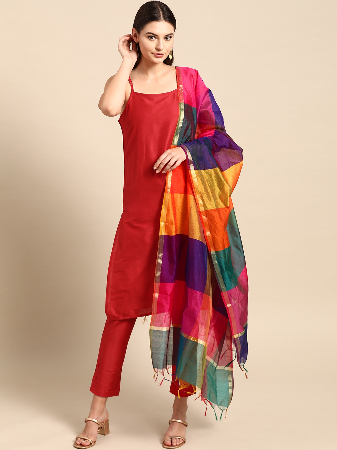 

Anouk Women Red Solid Kurta with Trousers & Dupatta