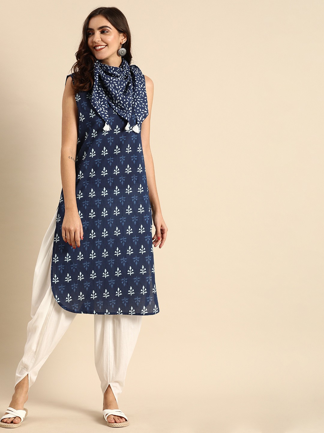 

Anouk Women Navy Blue & White Printed Kurta with Dhoti Pants