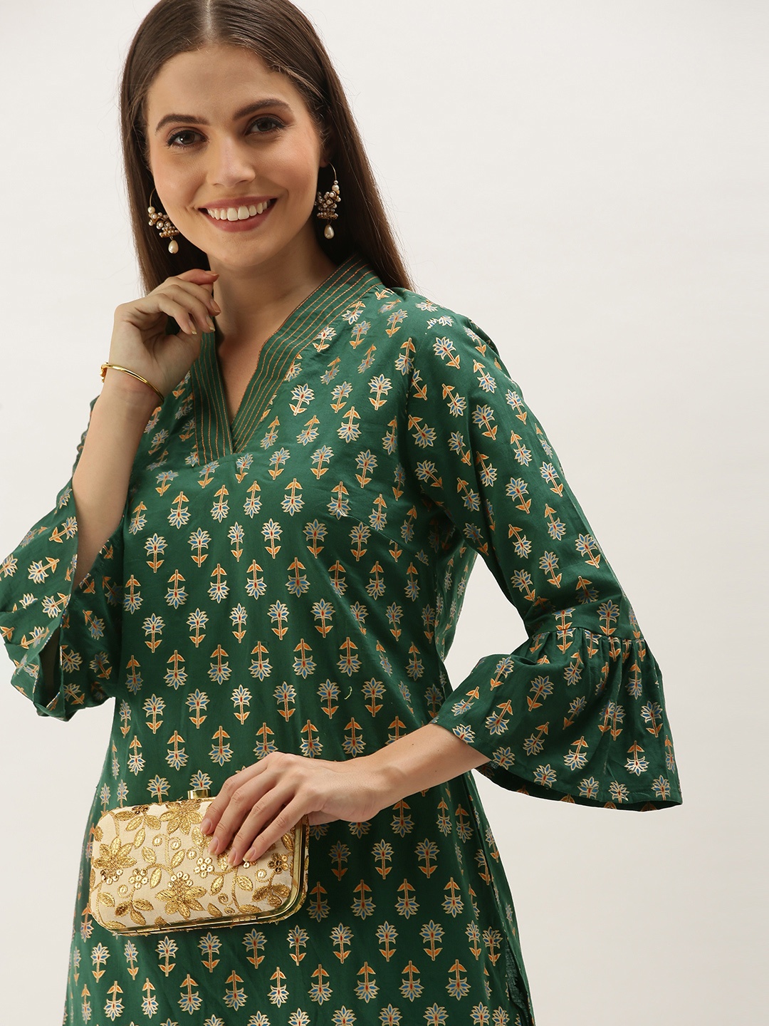 

Anouk Women Green & White Printed Kurta with Trousers