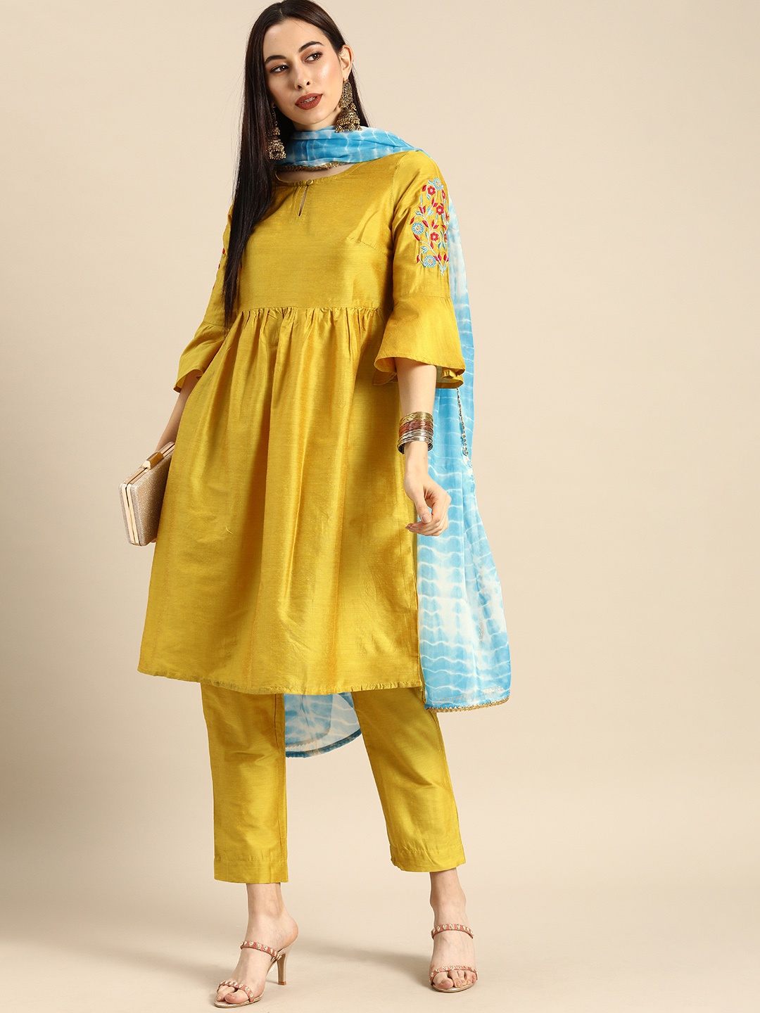 

Anouk Women Mustard Yellow Solid Kurta with Trousers & Dupatta