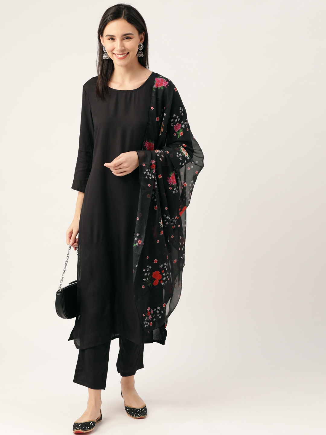 

Anouk Women Black Sustainable Solid Straight Kurta with Trousers & Dupatta