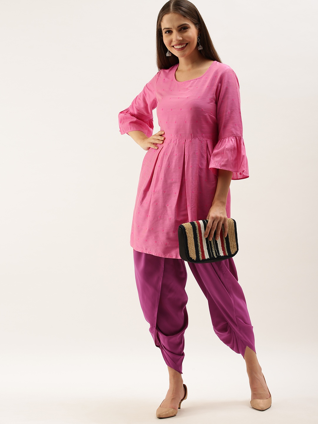 

Anouk Women Pink Ethnic Motifs Printed Pleated A-Line Top & Dhoti Pants