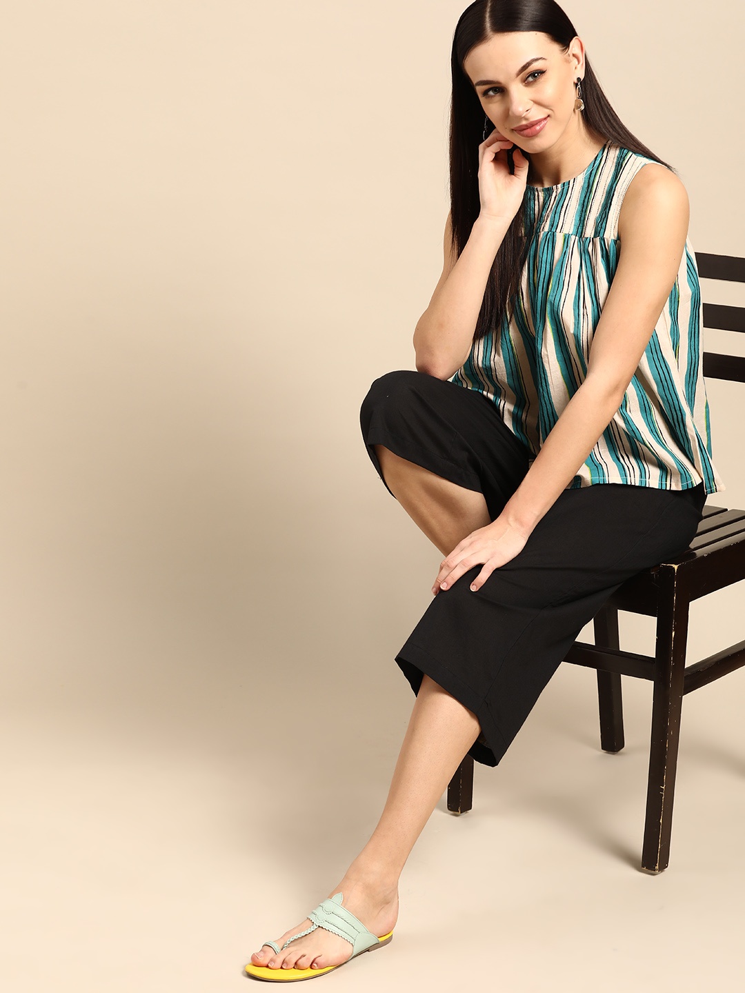 

Anouk Women Off-White & Blue Striped Pure Cotton Top with Palazzos