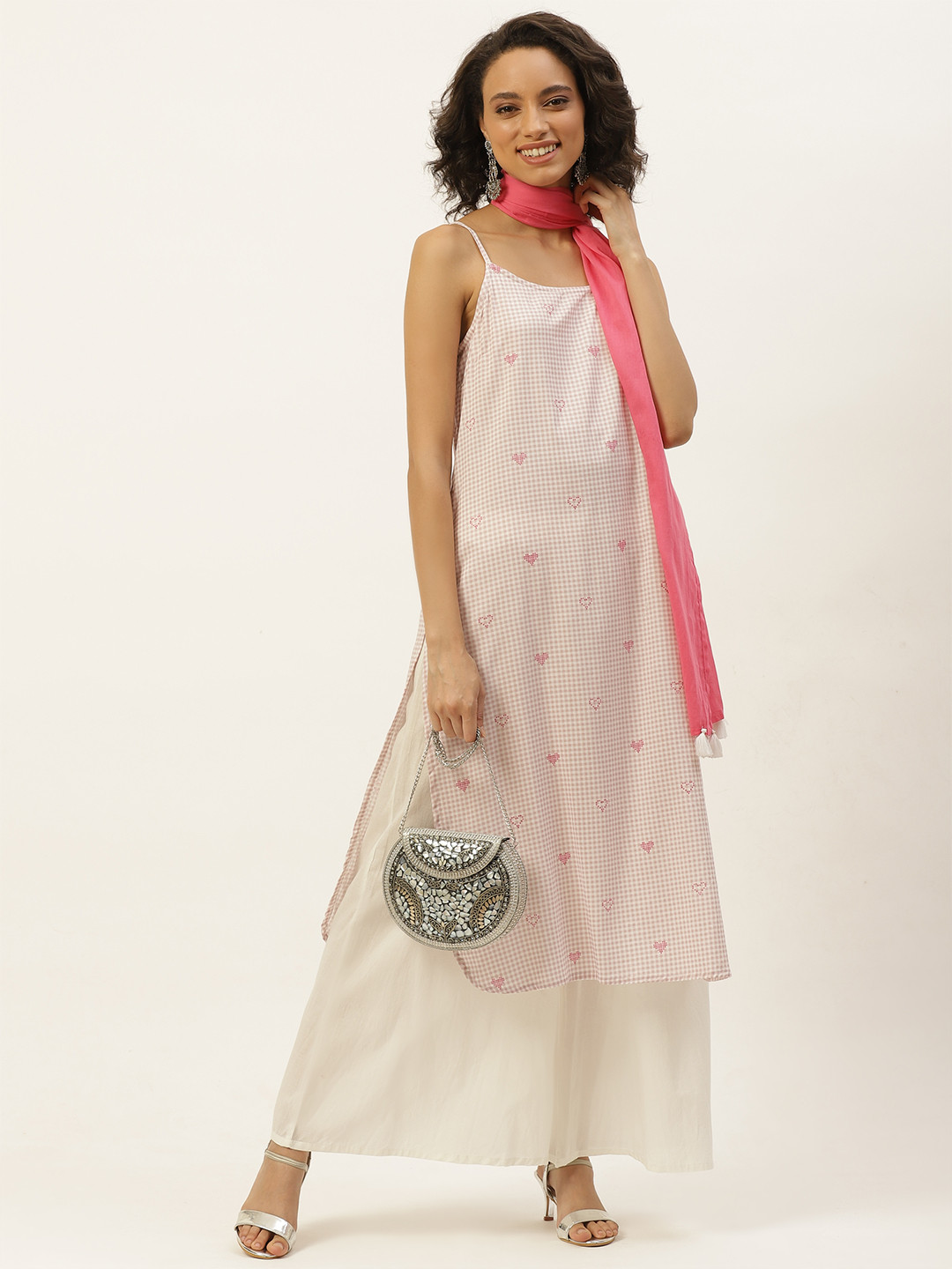 

Anouk Women Off White & Pink Sustainable EcoVero Checked Kurta with Palazzos & Dupatta