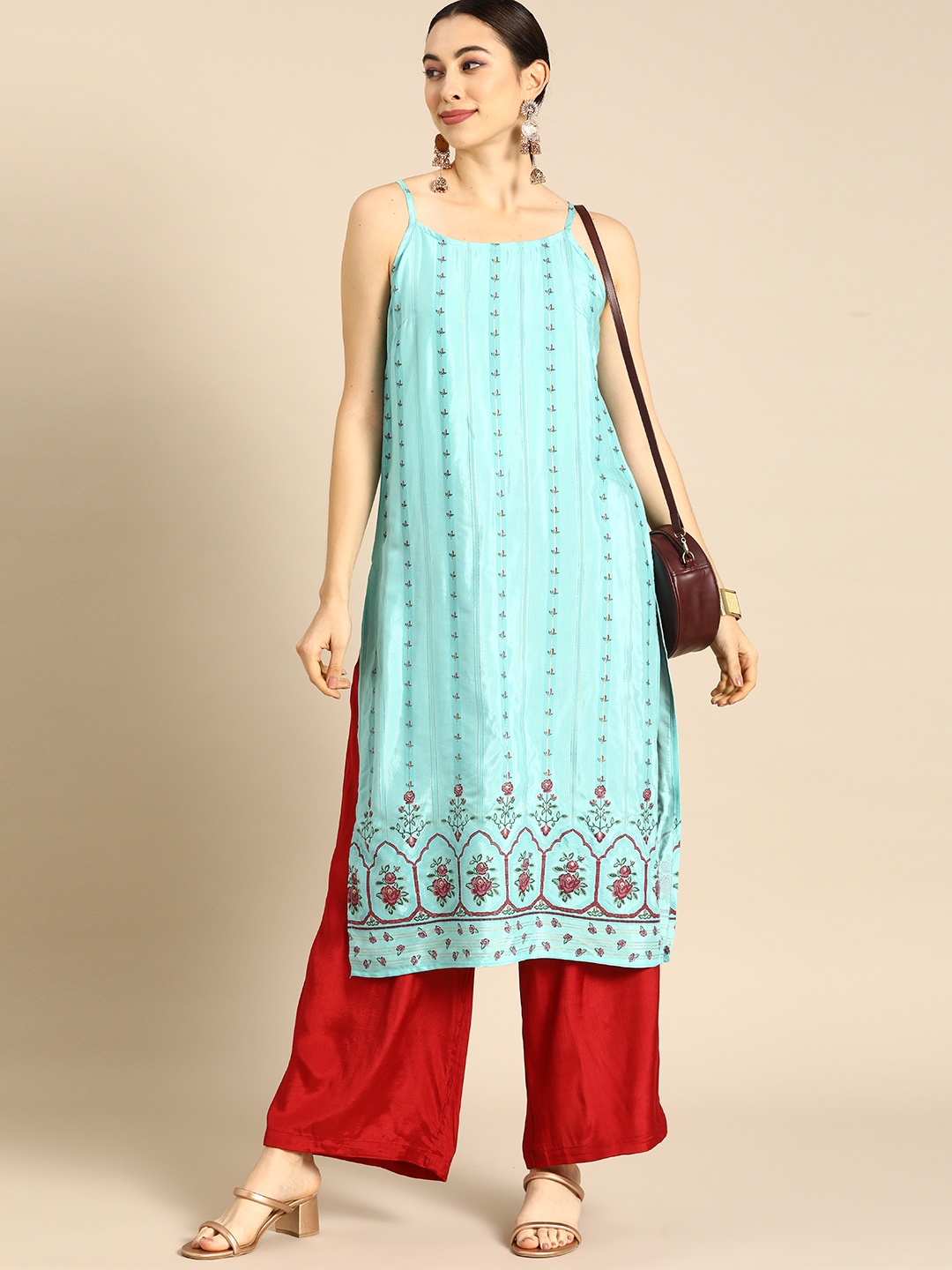 

Anouk Women Blue & Red Ethnic Print Straight Kurta with Palazzos