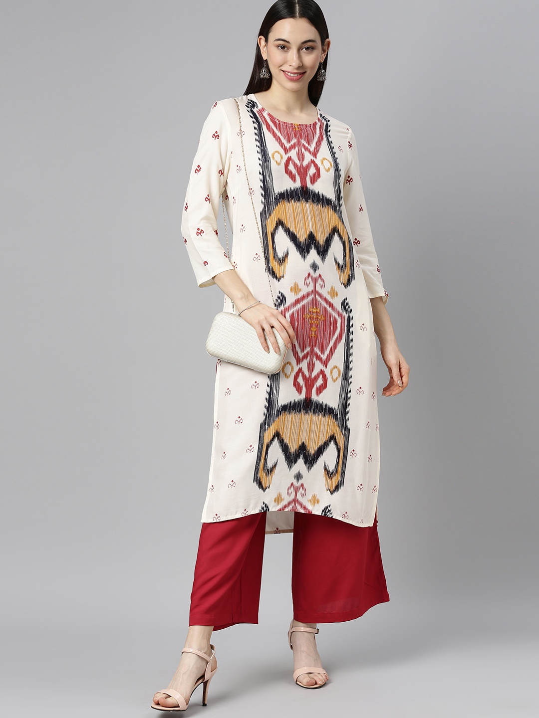 

Anouk Women Off White Printed Kurta with Palazzos