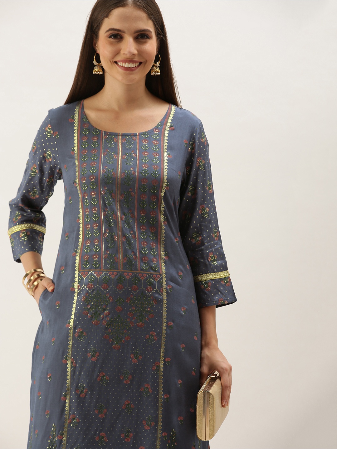 

Anouk Women Charcoal Grey & Golden Ethnic Printed Kurta with Palazzos