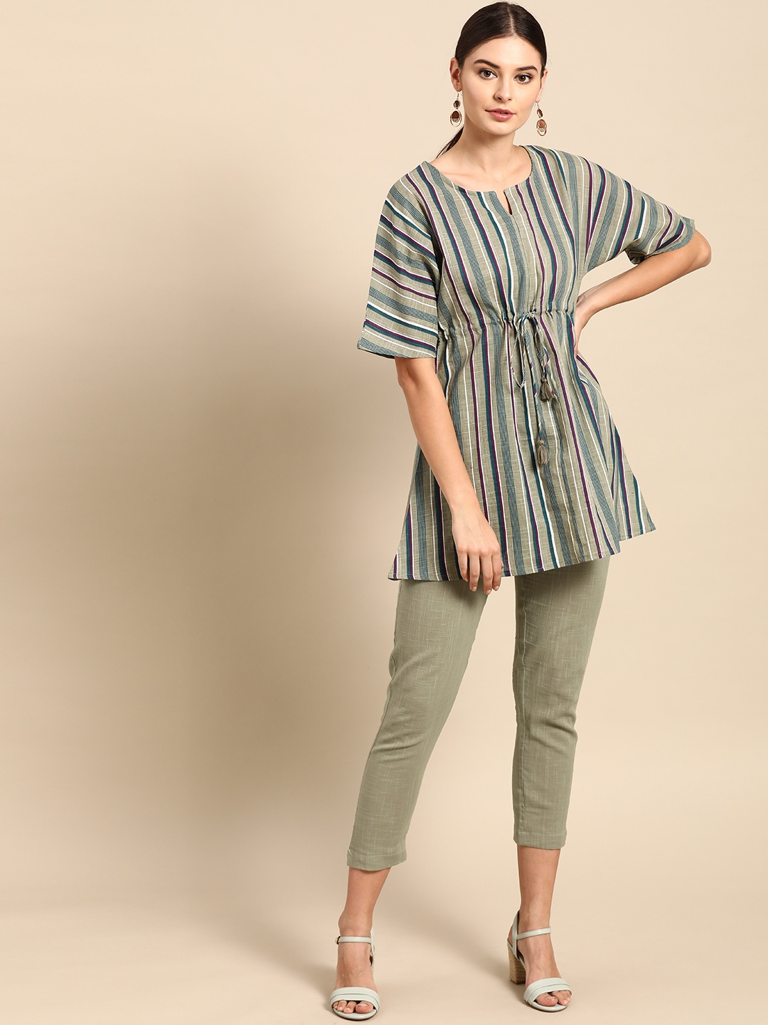 

Anouk Women Olive Green & Purple Striped Kurti & Trousers with Waist Tie-ups