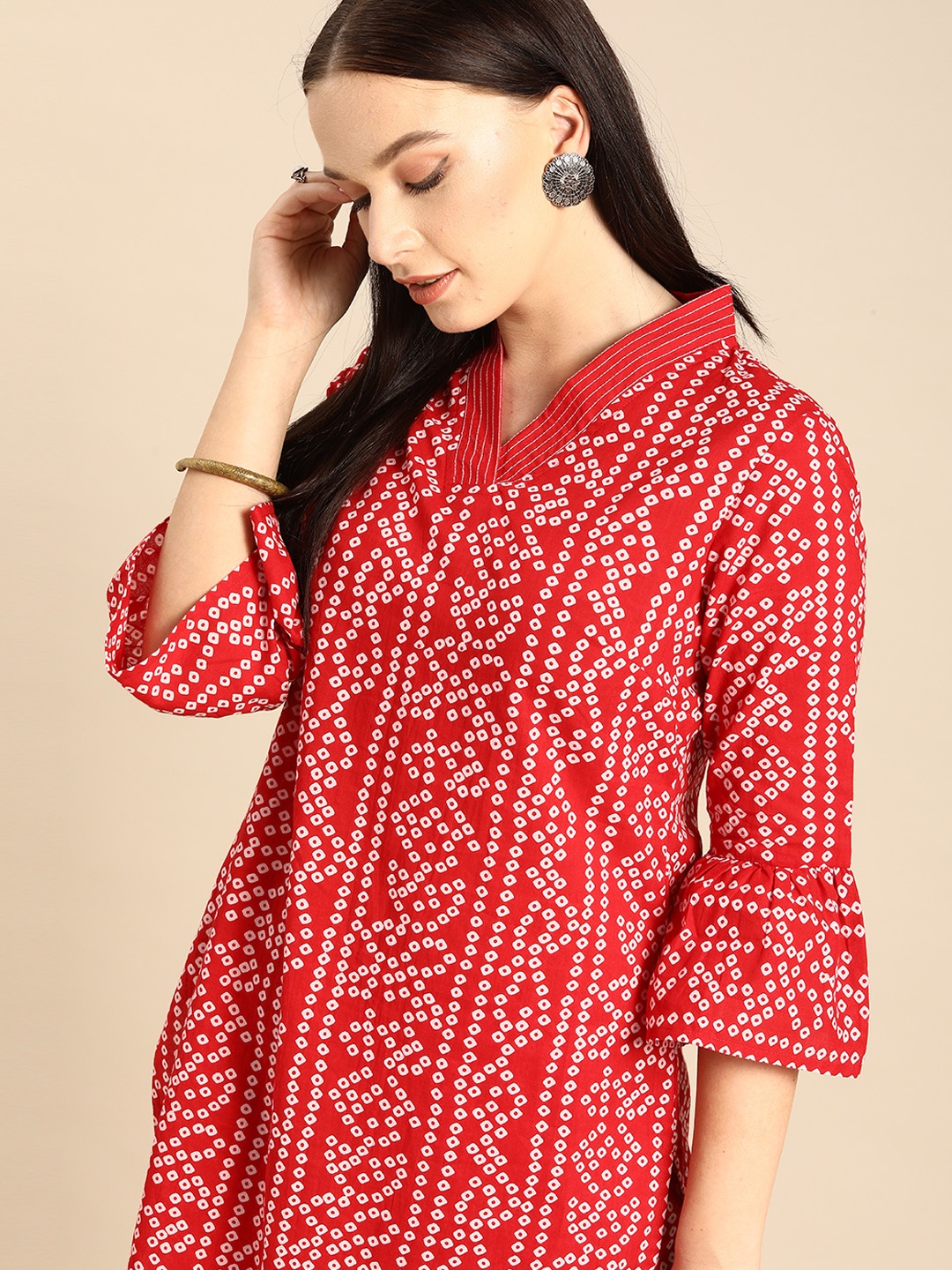 

Anouk Women Red & White Bandhani Print Straight Kurta with Trousers