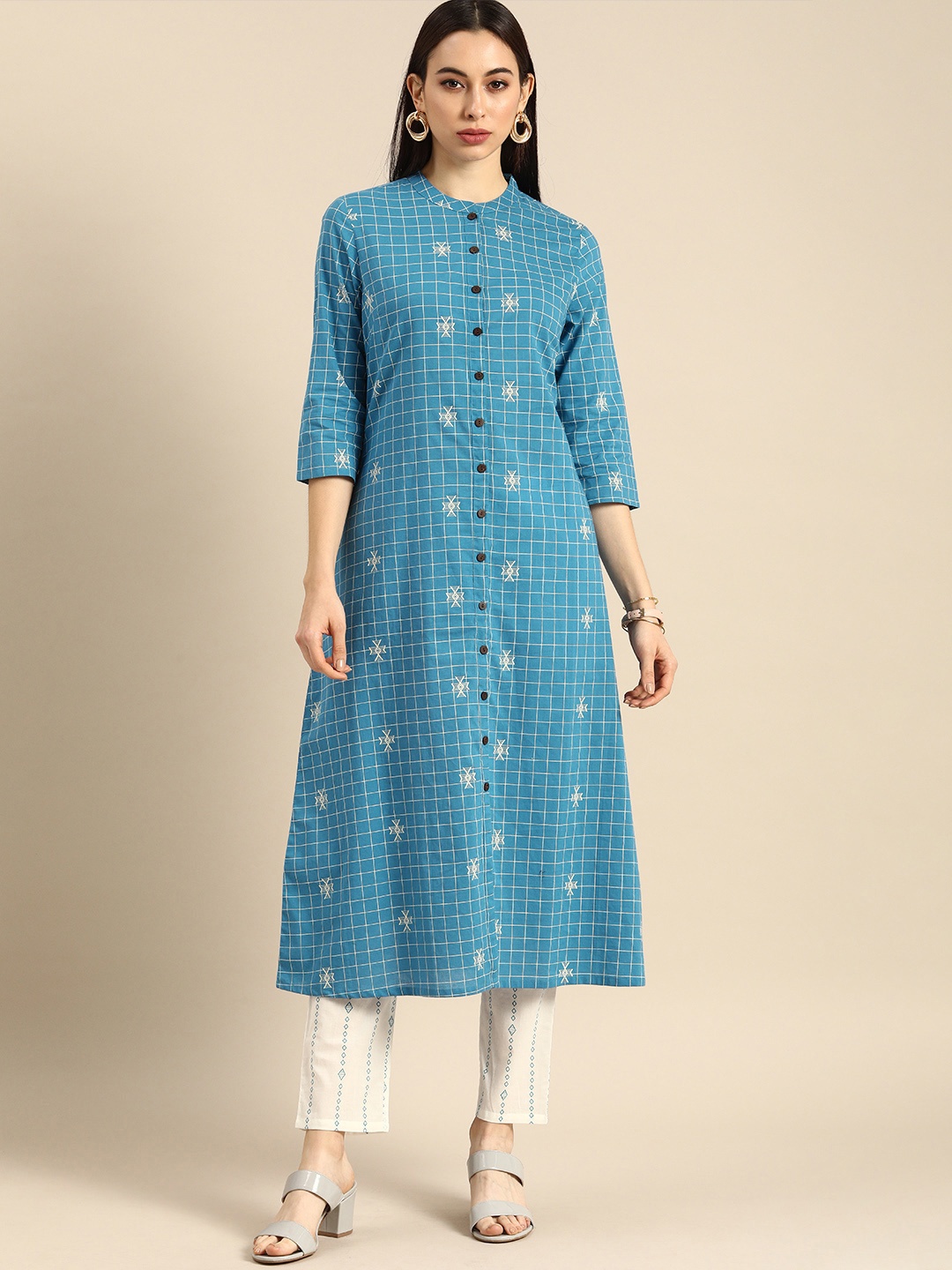 

Anouk Women Blue & White Checked Kurta with Trousers