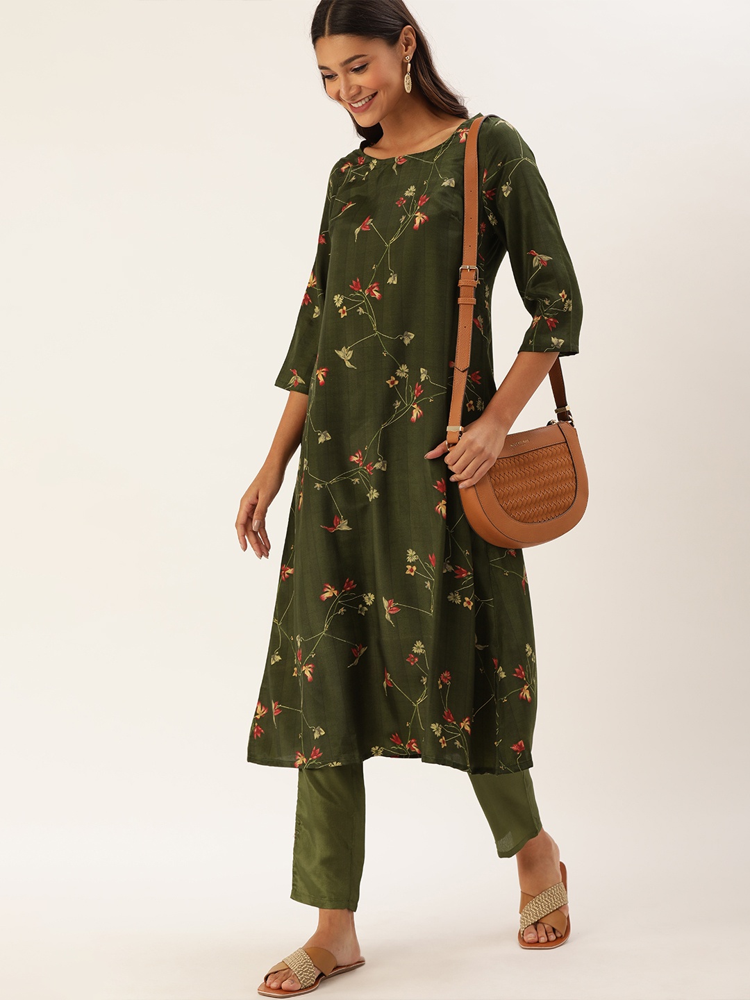 

Anouk Women Olive Green Floral Printed Kurta with Trousers