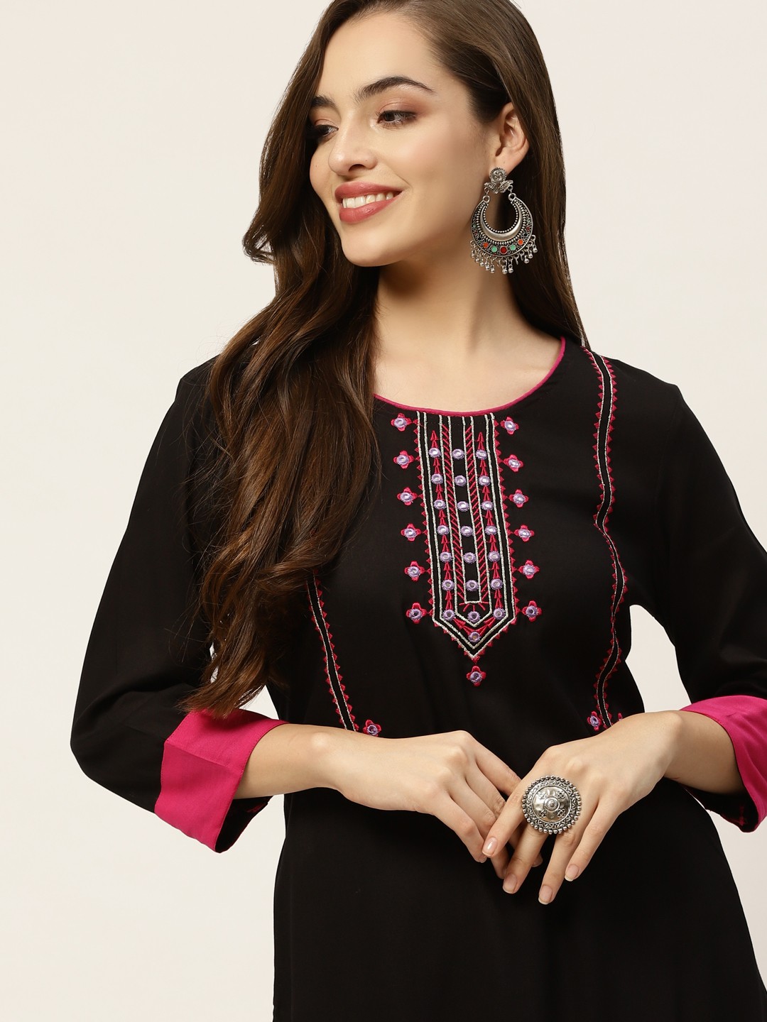 

Anouk Women Navy Blue Embroidered Yoke Design Straight Kurta with Palazzos
