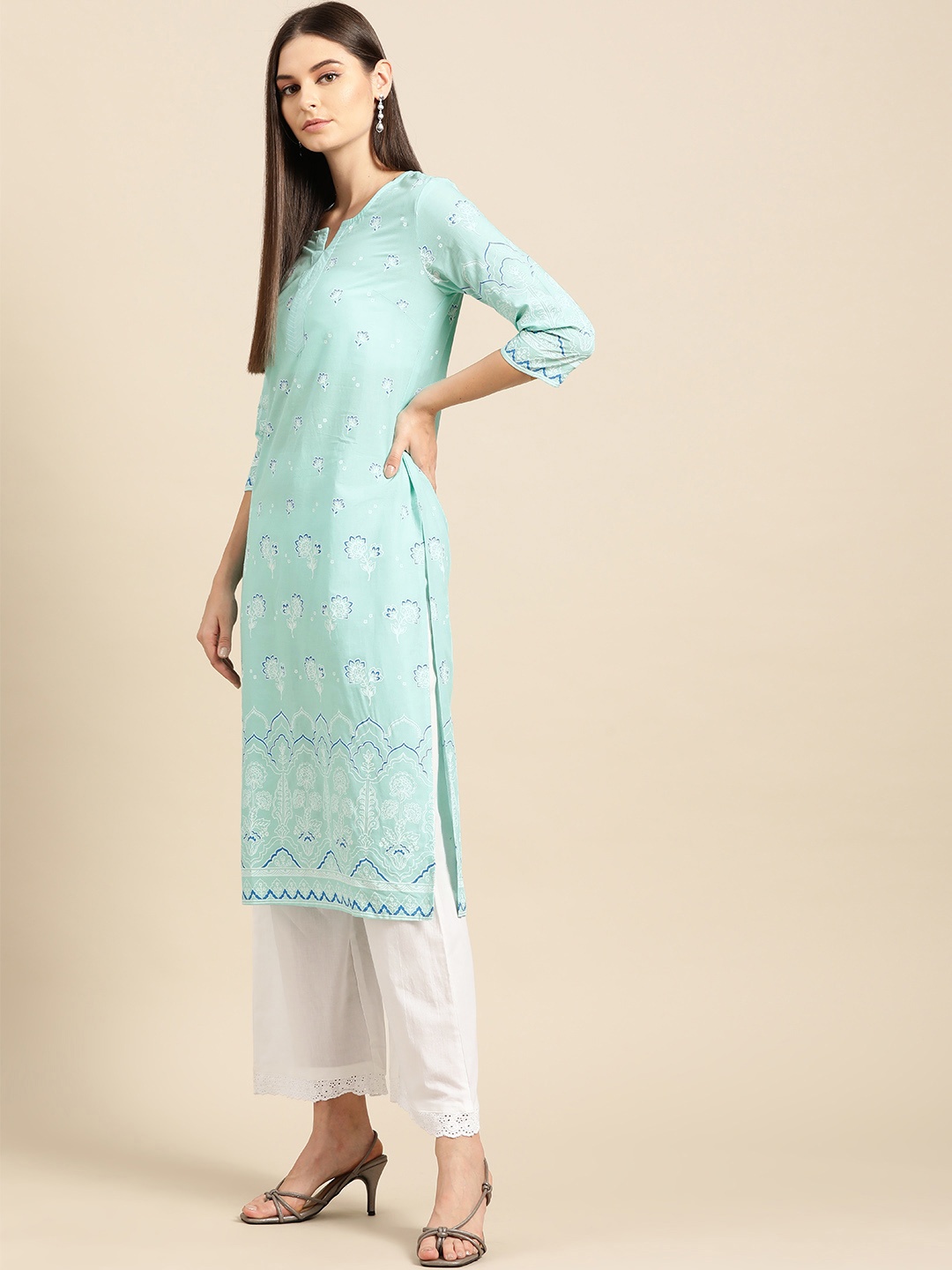 

Anouk Women Blue & White Ethnic Motifs Print Pure Cotton Kurta with Trousers